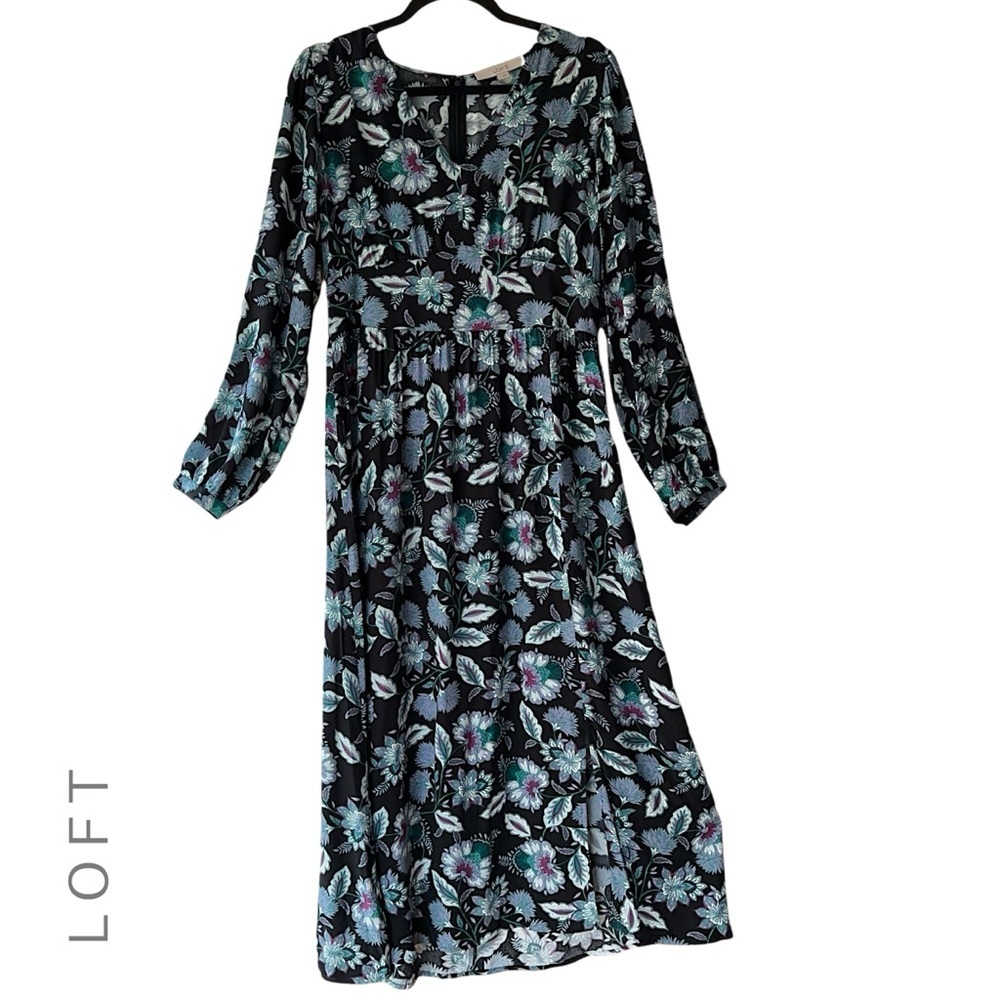 LOFT | NWOT LONG SLEEVE FLORAL MIDI DRESS V-NECK EMPIRE WAIST BLACK BLUE SIZE 8